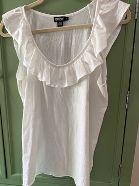 DKNY White Ruffle Scoop Neck Tank Top